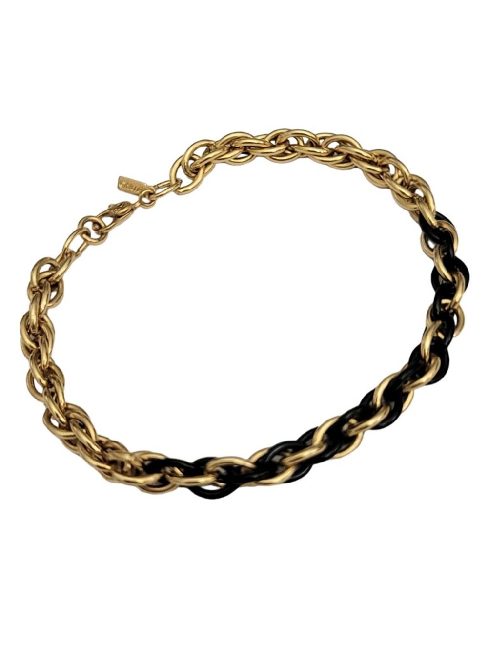 Monet Gold Tone, Black Enamel Chain Link Bracelet, Signed 7.75" Long